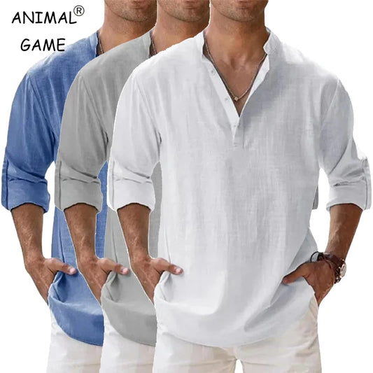 Streetwear Men 2025 Lightweight Shirts Long Sleeve Henley Cotton Linen Shirts for Men Beach Hawaiian Shirts Breathable Collar Tshirts